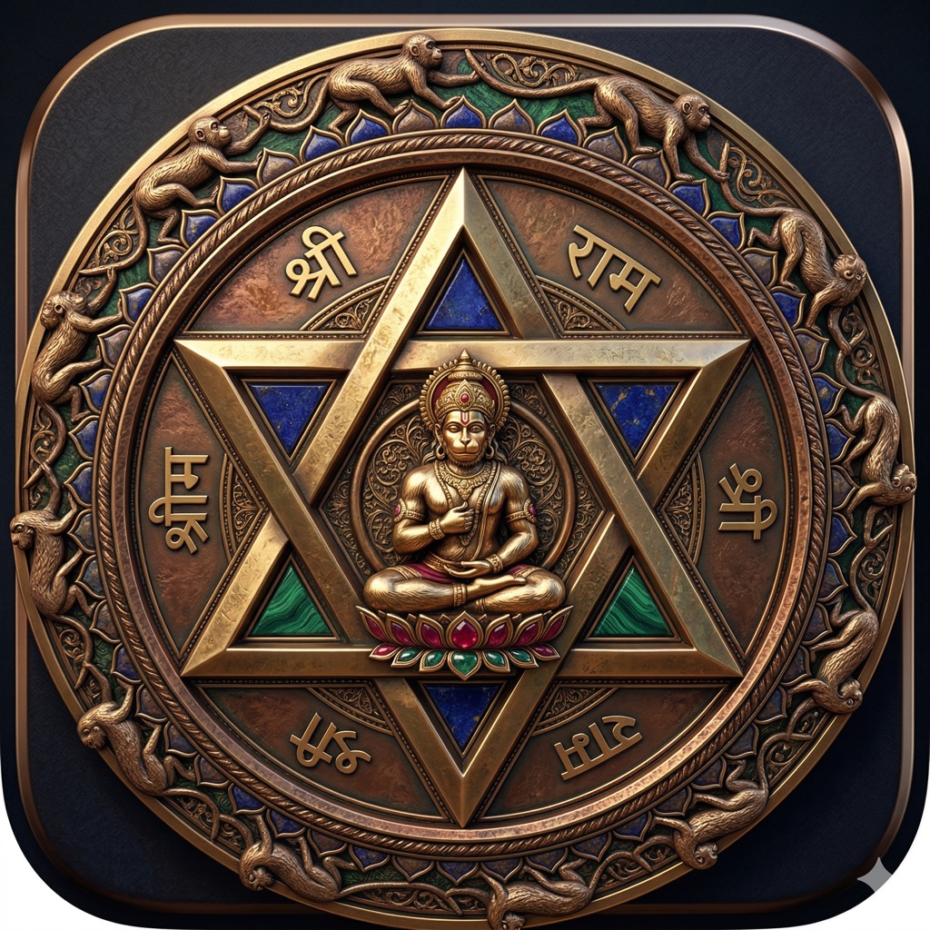 The Yantrodharaka Yantra — six-cornered star with seated Hanuman, ringed by twelve monkeys